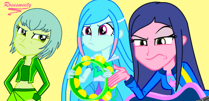 Size: 1174x572 | Tagged: safe, artist:rosesweety, derpibooru import, equestria girls, base used, equestria girls-ified, joy lefrog, lily mermaid, lingling ironfan, musical instrument, regal academy, tambourine