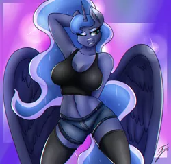 Size: 2920x2794 | Tagged: alicorn, anthro, arm behind head, armpits, artist:nexcoyotlgt, belly button, breasts, busty princess luna, clothes, derpibooru import, ear fluff, eyeshadow, female, lidded eyes, lip bite, makeup, one eye closed, princess luna, shorts, smiling, socks, solo, solo female, suggestive, thigh highs, wink