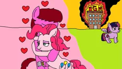 Size: 1187x676 | Tagged: alicorn, artist:logan jones, building, burning, derpibooru import, female, fire, heart, hug, ign, loganpie, male, my little pony: the movie, oc, oc:logan berry, pinkie pie, semi-grimdark, straight, twilight sparkle, twilight sparkle (alicorn)