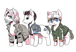 Size: 1280x871 | Tagged: safe, artist:shepherd0821, derpibooru import, ponified, android, earth pony, pony, ax400, clothes, connor, crossover, detroit: become human, female, hank anderson, hat, jacket, kara, looking at you, male, mare, rk800, simple background, stallion, trenchcoat, trio, video game, white background