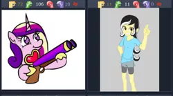 Size: 614x341 | Tagged: safe, derpibooru import, princess cadance, oc, oc:color cream, alicorn, pony, derpibooru, equestria girls, equestria girls-ified, gun, hoof shoes, juxtaposition, meme, meta, perfect aim, salute, shotgun, smiling, solo, weapon