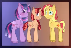 Size: 1868x1264 | Tagged: safe, artist:romans-nerd-art, derpibooru import, sunset shimmer, twilight sparkle, twilight sparkle (alicorn), oc, oc:dawn glow, alicorn, alicorn oc, family, female, lesbian, magical lesbian spawn, offspring, older, parent:sunset shimmer, parent:twilight sparkle, parents:sunsetsparkle, shipping, story included, sunsetsparkle