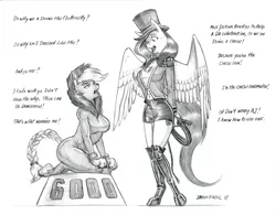 Size: 1400x1094 | Tagged: animal costume, anthro, applejack, applelion, artist:baron engel, big cat, boots, braided tail, bullwhip, circus, clothes, conversation, cosplay, costume, derpibooru import, dialogue, fluttershy, grayscale, hat, lion, monochrome, pencil drawing, realistic horse legs, ring master, safe, shoes, shorts, signature, simple background, skirt, top hat, traditional art, unguligrade anthro, whip, white background