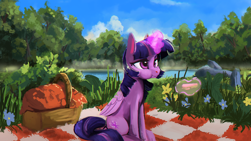 Size: 1920x1080 | Tagged: alicorn, artist:hierozaki, basket, derpibooru import, female, food, glowing horn, magic, mare, picnic, picnic basket, picnic blanket, safe, sandwich, solo, telekinesis, twilight sparkle, twilight sparkle (alicorn)