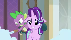 Size: 1280x720 | Tagged: safe, derpibooru import, screencap, spike, starlight glimmer, dragon, pony, unicorn, a matter of principals, cute, female, fire extinguisher, floppy ears, flying, glimmerbetes, male, mare, school of friendship, winged spike