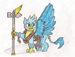Size: 1571x1203 | Tagged: safe, artist:infinita est lux solis, derpibooru import, gallus, gryphon, colored pencil drawing, dagger, fighter, loincloth, pathfinder, scale armor, scale mail, shackles, shield, traditional art, war hammer, weapon