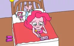 Size: 1135x706 | Tagged: safe, artist:logan jones, derpibooru import, pinkie pie, human, equestria girls, barefoot, bed, bedroom, blushing, clothes, crush, diary, feet, female, flip-flops, jeans, pants, pencil, plushie, sandals, soles, solo, toes, writing