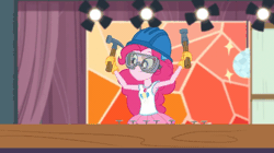 Size: 538x302 | Tagged: safe, derpibooru import, screencap, pinkie pie, constructive criticism, equestria girls, equestria girls series, animated, building, constructive criticism: pinkie pie, goggles, hammer, hard hat, lights, nails, pinkie being pinkie, song of my people