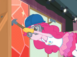 Size: 730x540 | Tagged: safe, derpibooru import, screencap, pinkie pie, constructive criticism, equestria girls, equestria girls series, animated, building, constructive criticism: pinkie pie, geode of sugar bombs, goggles, hammer, hard hat, lights, nails, pinkie being pinkie, pinkie physics