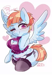 Size: 749x1089 | Tagged: anthro, arm hooves, artist:bbtasu, boob window, breasts, clothes, cute, derpibooru import, female, garter belt, heart, large butt, milf, one eye closed, panties, pegasus, shirt, shortstack, solo, solo female, spread wings, stockings, suggestive, thigh highs, thong, underwear, windybetes, windy whistles, wings, wink