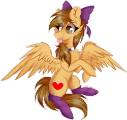 Size: 2105x1997 | Tagged: safe, artist:woonborg, derpibooru import, oc, oc:joycie, unofficial characters only, pegasus, pony, :p, bow, cheek fluff, chest fluff, clothes, commission, digital art, ear fluff, female, hair bow, happy, high res, looking left, looking offscreen, mare, silly, simple background, socks, solo, spread wings, striped socks, thigh highs, tongue out, transparent background, wings