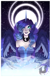 Size: 1790x2702 | Tagged: safe, artist:djspark3, derpibooru import, princess luna, human, alicorn humanization, bat wings, fangs, female, horned humanization, humanized, slit eyes, smiling, solo, winged humanization