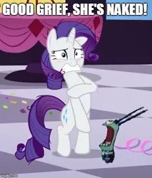 Size: 467x547 | Tagged: safe, derpibooru import, edit, edited screencap, screencap, rarity, pony, unicorn, make new friends but keep discord, blushing, covering, crossover, embarrassed, female, male, mare, meme, naked rarity, nickelodeon, nudity, sheldon j. plankton, shocked, spongebob squarepants, text, the algae's always greener, we don't normally wear clothes