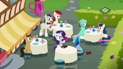 Size: 1024x576 | Tagged: safe, derpibooru import, screencap, bon bon, cherry cola, cherry fizzy, lyra heartstrings, rainbow dash, rarity, roseluck, savoir fare, sweetie drops, earth pony, pegasus, pony, unicorn, the end in friend, book, boomerang (tv channel), boots, cafe, female, glitter boots, male, mare, neckerchief, shoes, stallion, table