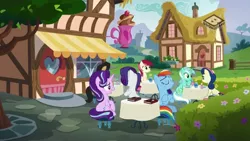 Size: 1024x576 | Tagged: safe, derpibooru import, screencap, bon bon, cherry cola, cherry fizzy, lyra heartstrings, rainbow dash, rarity, roseluck, starlight glimmer, sweetie drops, earth pony, pegasus, pony, unicorn, the end in friend, boomerang (tv channel), cafe, female, mare, ponyville