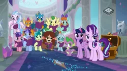 Size: 1024x576 | Tagged: safe, derpibooru import, screencap, berry blend, berry bliss, gallus, huckleberry, november rain, ocellus, peppermint goldylinks, sandbar, silverstream, smolder, spike, starlight glimmer, twilight sparkle, twilight sparkle (alicorn), yona, alicorn, changedling, changeling, classical hippogriff, dragon, earth pony, gryphon, hippogriff, pegasus, pony, unicorn, yak, the end in friend, background pony, boomerang (tv channel), dragoness, female, flying, friendship student, male, mouth hold, student six, teenager, winged spike