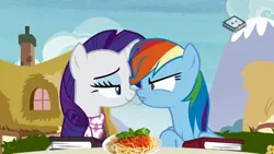 Size: 1024x576 | Tagged: safe, derpibooru import, edit, edited screencap, screencap, rainbow dash, rarity, pegasus, pony, unicorn, the end in friend, book, duo, female, lady and the tramp, lesbian, looking at each other, mare, neckerchief, nose to nose, raridash, shipping, smiling, spaghetti scene