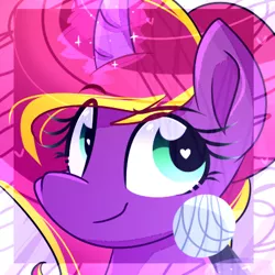 Size: 400x400 | Tagged: safe, artist:lynchristina, derpibooru import, oc, unofficial characters only, pony, unicorn, abstract background, bust, commission, digital art, female, freckles, glowing horn, heart eyes, looking back, magic, mare, signature, smiling, solo, telekinesis, wingding eyes