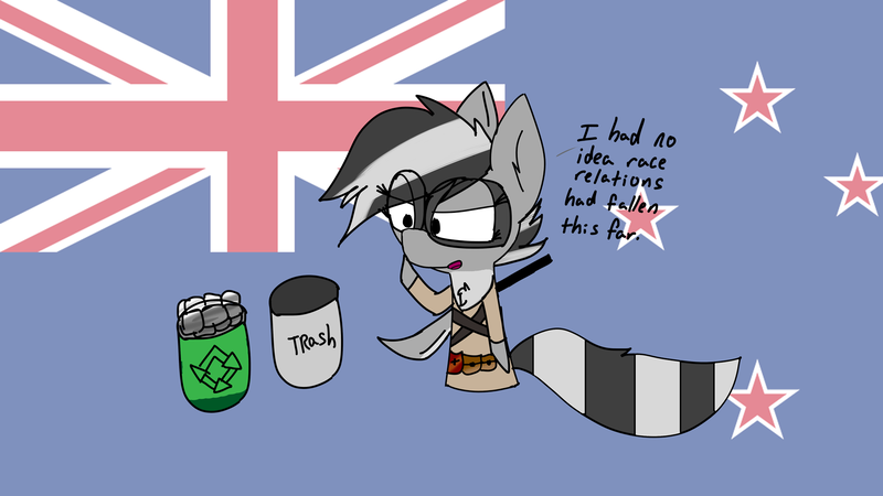 Size: 1920x1080 | Tagged: artist:exxie, derpibooru import, flag, new zealand, oc, oc:bandy cyoot, raccoon pony, recycle bin, safe, simple background, solo, text, trash can, unofficial characters only