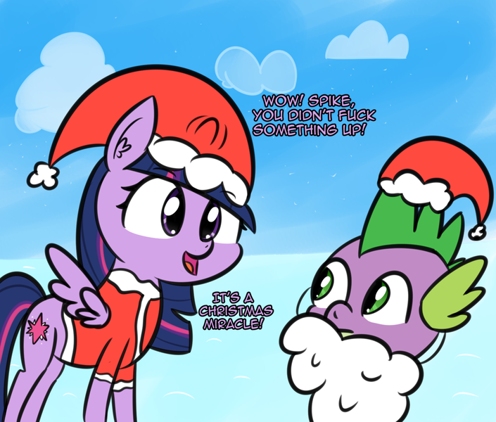 Size: 1280x1089 | Tagged: abuse, alicorn, artist:artiks, atg 2018, christmas, clothes, costume, derpibooru import, duo, fake beard, hat, holiday, miracle, newbie artist training grounds, safe, santa costume, santa hat, spike, spikeabuse, twibitch sparkle, twilight sparkle, twilight sparkle (alicorn), vulgar