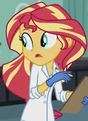 Size: 382x527 | Tagged: safe, derpibooru import, screencap, sunset shimmer, equestria girls, friendship games, the science of magic, clipboard, clothes, cropped, gloves, lab coat, latex, pencil, rubber gloves, solo, sunset the science gal