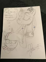 Size: 3024x4032 | Tagged: safe, artist:andypriceart, derpibooru import, princess luna, twilight sparkle, alicorn, pony, andy you magnificent bastard, duo, female, freshman, grayscale, mare, monochrome, princess