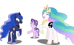Size: 6724x4096 | Tagged: safe, artist:tralomine, derpibooru import, edit, editor:slayerbvc, vector edit, princess celestia, princess luna, starlight glimmer, earth pony, pony, unicorn, a royal problem, absurd resolution, crown, earth pony celestia, earth pony luna, female, grin, hoof shoes, jewelry, looking back, mare, nervous, nervous grin, now you fucked up, peytral, plot, race swap, raised hoof, regalia, royal sisters, simple background, smiling, spell gone wrong, swapped cutie marks, transparent background, vector