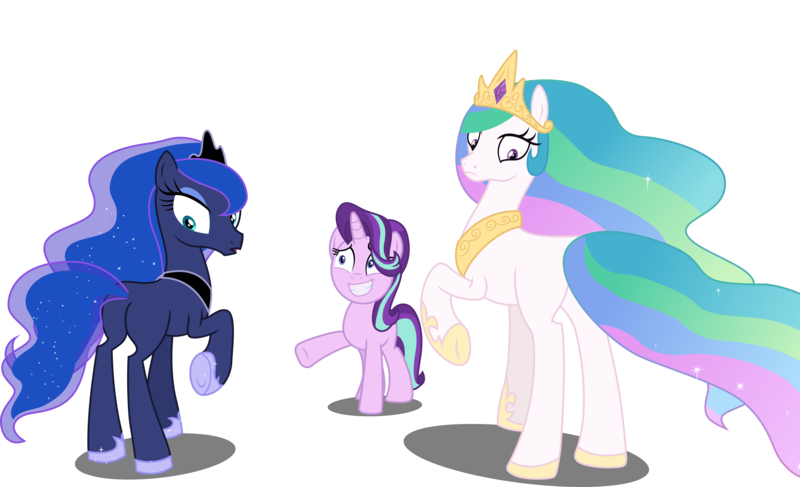 Size: 6724x4096 | Tagged: safe, artist:tralomine, derpibooru import, edit, edited edit, editor:slayerbvc, vector edit, princess celestia, princess luna, starlight glimmer, earth pony, pony, unicorn, a royal problem, absurd resolution, blank flank, crown, earth pony celestia, earth pony luna, female, grin, hoof shoes, jewelry, looking back, mare, nervous, nervous grin, now you fucked up, peytral, plot, race swap, raised hoof, regalia, royal sisters, simple background, smiling, spell gone wrong, transparent background, vector