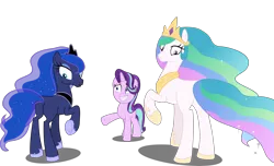 Size: 6724x4096 | Tagged: safe, artist:tralomine, derpibooru import, edit, edited edit, editor:slayerbvc, vector edit, princess celestia, princess luna, starlight glimmer, earth pony, pony, unicorn, a royal problem, absurd resolution, blank flank, crown, earth pony celestia, earth pony luna, female, grin, hoof shoes, jewelry, looking back, mare, nervous, nervous grin, now you fucked up, peytral, plot, race swap, raised hoof, regalia, royal sisters, simple background, smiling, spell gone wrong, transparent background, vector
