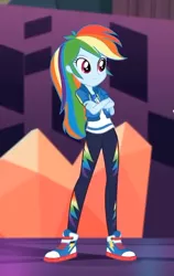 Size: 382x605 | Tagged: safe, derpibooru import, screencap, rainbow dash, constructive criticism, equestria girls, equestria girls series, clothes, constructive criticism: rainbow dash, converse, crossed arms, female, geode of super speed, jacket, magical geodes, pants, shoes, smiling, sneakers