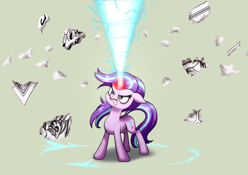 Size: 1024x723 | Tagged: safe, artist:zetamad, derpibooru import, discord, starlight glimmer, pony, unicorn, angry, blast, magic, magic blast, solo