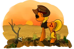 Size: 1024x685 | Tagged: applejack, artist:bob-finnski, cloud, cloudy, derpibooru import, desert, hidden eyes, mild west, safe, shadow, simple background, sky, solo, sun, sunset, transparent background, western, wild west