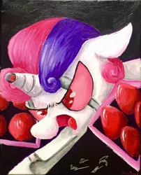 Size: 1024x1268 | Tagged: safe, artist:colorsceempainting, derpibooru import, sweetie belle, pony, robot, robot pony, unicorn, friendship is witchcraft, angry, armed, female, filly, floppy ears, foal, horn, open mouth, painting, red eyes, solo, sweetie bot, this will end in death, this will end in murder, this will end in tears and/or death, traditional art