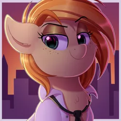 Size: 1600x1600 | Tagged: safe, artist:thegamblehorse, deleted from derpibooru, derpibooru import, oc, oc:parlay, unofficial characters only, earth pony, pony, city, clothes, female, mare, necktie, shirt, smiling, sunset