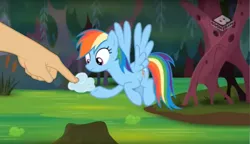 Size: 1611x926 | Tagged: safe, derpibooru import, edit, edited screencap, screencap, rainbow dash, pegasus, pony, the end in friend, boop, boop edit, cloud, cloud baby, female, finger, flying, hand, mare, swamp