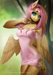 Size: 629x900 | Tagged: anthro, artist:aonikaart, beautiful, breasts, clothes, cute, derpibooru import, digital art, dress, female, fluttershy, looking at you, mare, patreon, patreon reward, pegasus, safe, shoulderless, shyabetes, signature, smiling, solo, spread wings, wings