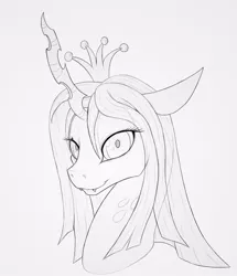 Size: 776x902 | Tagged: artist:waffleberry, changeling, derpibooru import, female, looking at you, monochrome, queen chrysalis, safe, simple background, smiling, solo