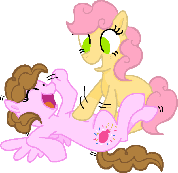 Size: 640x621 | Tagged: safe, artist:summersketch-mlp, artist:thedrksiren, derpibooru import, oc, oc:confetti pie, oc:confetti surprise, unofficial characters only, earth pony, pegasus, pony, kindverse, base used, duo, duo female, eyes closed, female, laughing, offspring, parent:cheese sandwich, parent:pinkie pie, parents:cheesepie, simple background, smiling, tickling, transparent background