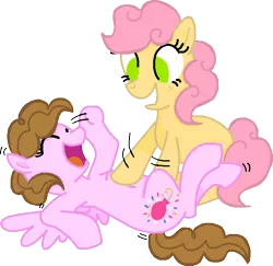 Size: 640x621 | Tagged: safe, artist:summersketch-mlp, artist:thedrksiren, derpibooru import, oc, oc:confetti pie, oc:confetti surprise, unofficial characters only, earth pony, pegasus, pony, kindverse, base used, duo, duo female, eyes closed, female, laughing, offspring, parent:cheese sandwich, parent:pinkie pie, parents:cheesepie, simple background, smiling, tickling, transparent background