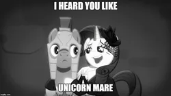 Size: 888x499 | Tagged: derpibooru import, duo, edit, edited screencap, engrish, female, grayscale, image macro, mare, meme, monochrome, noir, rarity, rarity investigates, royal guard, safe, screencap, seductive