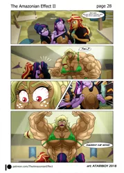 Size: 1681x2344 | Tagged: suggestive, artist:atariboy2600, artist:bluecarnationstudios, derpibooru import, applejack, sci-twi, sunset shimmer, twilight sparkle, comic:the amazonian effect, comic:the amazonian effect ii, equestria girls, abs, angry, applejacked, armpits, biceps, bra, breasts, buff breasts, busty applejack, canterlot high, claws, clothes, comic, cowboy hat, dialogue, female, fetish, giantess, green underwear, hat, jurassic park, macro, movie reference, muscle fetish, muscles, open mouth, panties, red eyes, reference, speech bubble, stetson, twolight, underwear
