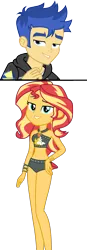 Size: 1919x5538 | Tagged: safe, artist:diegator007, artist:jucamovi1992, derpibooru import, flash sentry, sunset shimmer, human, equestria girls, equestria girls series, absurd resolution, bedroom eyes, belly button, bikini, bikini bottom, bracelet, clothes, curvy, cutie mark on clothes, female, flashimmer, geode of empathy, hourglass figure, jewelry, lidded eyes, male, midriff, shipping, simple background, straight, swimsuit, transparent background, vector, wristband