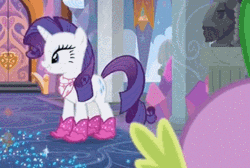 Size: 347x233 | Tagged: safe, derpibooru import, screencap, rarity, spike, dragon, pony, unicorn, the end in friend, animated, bandana, boots, bucking, cowboy boots, cute, daaaaaaaaaaaw, excited, female, gif, glitter, glitter boots, grin, happy, horses doing horse things, laughing, male, mare, neckerchief, open mouth, piaffe, prancing, raised hoof, raised leg, rarara, raribetes, school of friendship, shoes, smiling, solo, solo focus, sparkles, trotting, trotting in place, winged spike