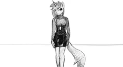 Size: 1280x703 | Tagged: safe, artist:warskunk, derpibooru import, oc, oc:disty, anthro, unicorn, clothes, crossdressing, dress, latex, looking at you, male, smiling, solo