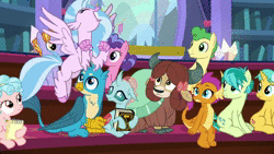 Size: 1920x1080 | Tagged: safe, derpibooru import, screencap, auburn vision, berry blend, berry bliss, citrine spark, cozy glow, fire quacker, gallus, huckleberry, ocellus, sandbar, silverstream, smolder, twilight sparkle, yona, changedling, changeling, classical hippogriff, dragon, earth pony, gryphon, hippogriff, pegasus, pony, yak, a matter of principals, animated, asking, bow, cloven hooves, crossed arms, cute, diastreamies, dragoness, excited, female, filly, flying, friendship student, hair bow, happy, irrational exuberance, jewelry, male, monkey swings, necklace, smiling, sound, student six, teenager, webm