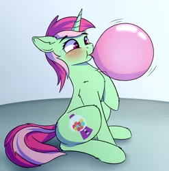 Size: 1734x1754 | Tagged: safe, artist:whyena, derpibooru import, minty bubblegum, pony, blowing, bubblegum, food, gum, inflating, out of breath, raised hoof, simple background, sitting, solo, sweat