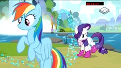 Size: 1136x640 | Tagged: safe, derpibooru import, screencap, rainbow dash, rarity, pegasus, pony, unicorn, the end in friend, azurantium, boots, duo, female, flying, glitter boots, mare, neckerchief, river, shoes, sparkles