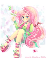 Size: 791x1011 | Tagged: safe, artist:shimayaeiko, artist:whiskyice, derpibooru import, fluttershy, butterfly, equestria girls, friendship through the ages, 60s, beautiful, blushing, braid, clothes, collaboration, cute, female, flower, folk fluttershy, high heels, jewelry, looking at you, necklace, sandals, shoes, shyabetes, skirt, smiling, solo