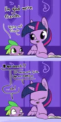 Size: 1650x3300 | Tagged: safe, artist:dsp2003, artist:tjpones, derpibooru import, edit, spike, twilight sparkle, twilight sparkle (alicorn), alicorn, dragon, pony, alternate ending, bait and switch, book, chest fluff, comic, dialogue, ear fluff, everything is fixed, exclamation point, female, good end, interrobang, male, mare, open mouth, question mark, scared, shrunken pupils, signature, spikelove