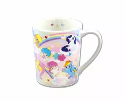 Size: 720x588 | Tagged: safe, derpibooru import, official, applejack, fluttershy, rainbow dash, rarity, earth pony, pegasus, pony, unicorn, cafe, female, irl, little twin stars, mare, merchandise, mug, photo, sanrio, simple background, white background